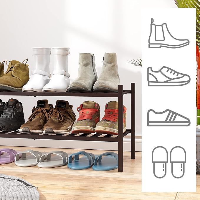 viewcare 2-Tier Shoe Rack for Entryway, Bamboo Shoe Rack for Closet, Free Standing Shoe Racks for Indoor Outdoor, Stackable Shoe Shelf Storage Organizer for Hallway Closet