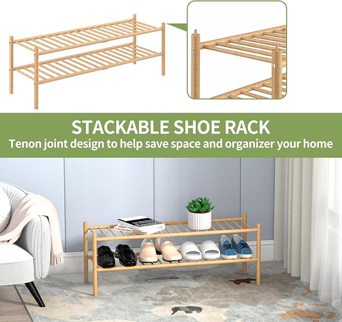 ROMGUAR CRAFT 2-Tier Bamboo Long Shoe Rack, Free Standing Wood Shoe Shelf Storage Organizer for Closet Entryway Stackable 35"x11"x13" (Natural)