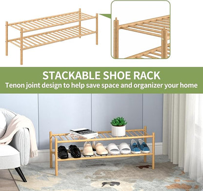 ROMGUAR CRAFT 2-Tier Bamboo Long Shoe Rack, Free Standing Wood Shoe Shelf Storage Organizer for Closet Entryway Stackable 35"x11"x13" (Natural)
