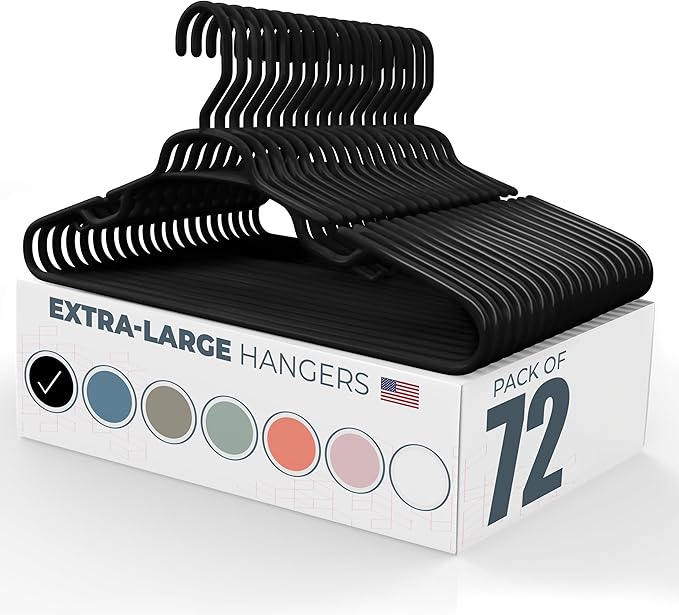 Large & Wide Heavy Duty Clothes Hangers 50+ Pack (72 Count) – Made in USA – Ideal for Plus Size Clothing – 10lb Plastic Hangers with Notches for Oversized Adult Coats & Pants – Black
