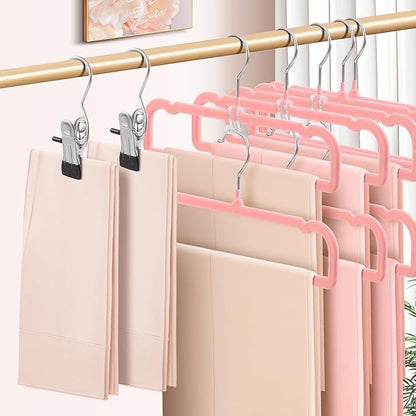 14 Inch 30 Pack Velvet Pants Hangers Non Slip,Slim Felt Jean Hangers with 10 Hooks and 2 Clips,Strong Durable Thin Space Saving Clothes Hanger with 360°Swivel Hook for Shorts,Skirts Bra(Pink)