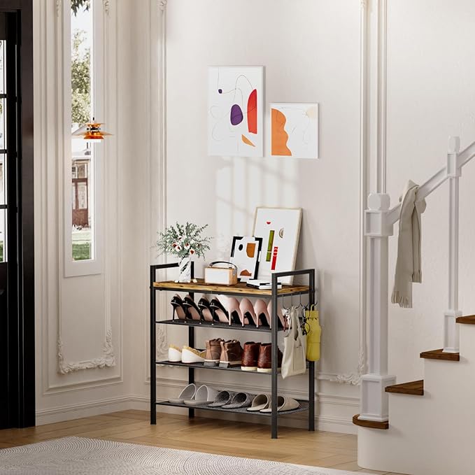 4 Tier Shoe Rack, Shoe Rack for Front Door Entrance with Hook, Steel Frame and Adjustable Mesh Shelves, Metal Shoe Organizer for Entryway, Bedroom, Closet