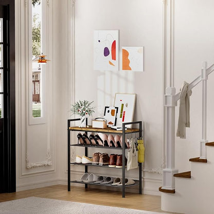 4 Tier Shoe Rack, Shoe Rack for Front Door Entrance with Hook, Steel Frame and Adjustable Mesh Shelves, Metal Shoe Organizer for Entryway, Bedroom, Closet