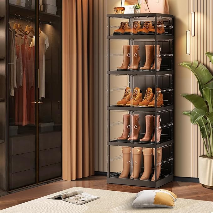 CIMLORD 5-Tier Foldable Shoe Rack for Closet Entryway 5-10Pairs,Stackable Clear Shoe Storage Boxes Organizer with Door Plastic Shoe Cabinet Bins with Lids Shoes Shelf Easy Assembly Large Black