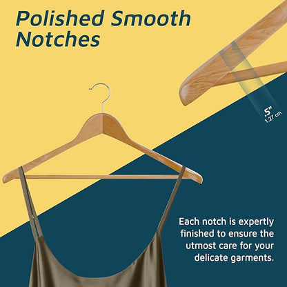 Lifemaster Solid Wooden Hanger Set - 10 Pieces Non-Slip Versatile Closet Space-Saving Hanger Set for Suit, Coat, Camisole, Jacket, Pants, and Dresses with 360° Swivel Hook