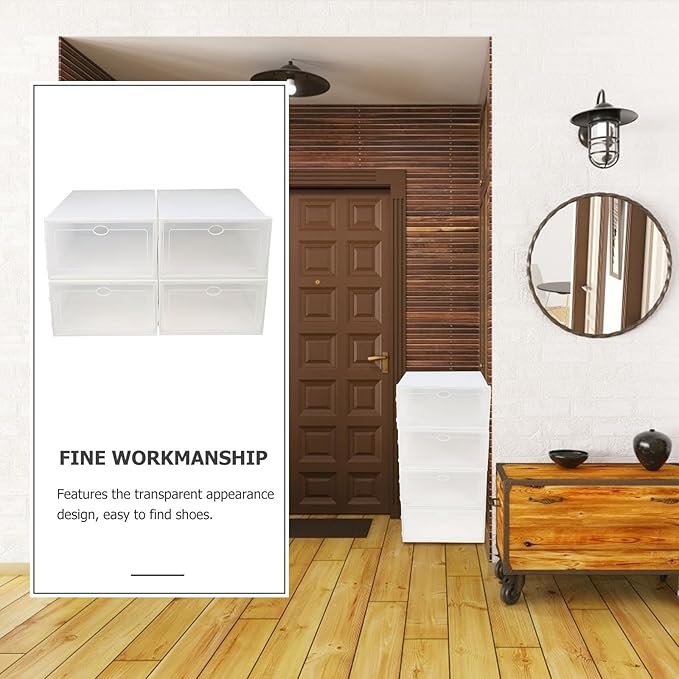 4pcs Plastic Shoe Boxes with White Frame Waterproof Dustproof Shoe Storage Containers Thickened Household Organizer for Closet and Home Storage