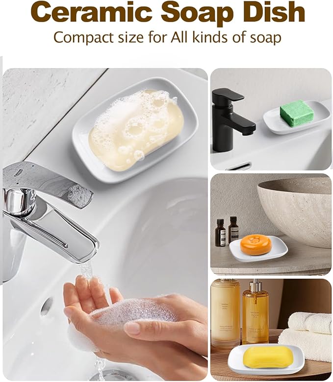 Ceramic Soap Dish for Bathroom and Kitchen, Non-Slip Bar Soap Holder with Fast Drain Design, Soap Saver Tray for Sink, White