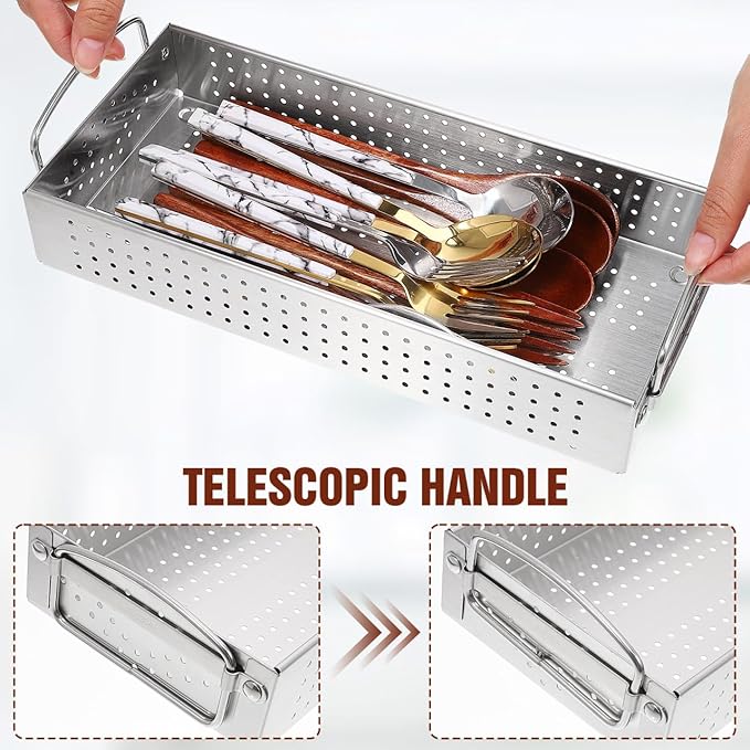 Hemoton Stainless Steel Utensil Holder Large Capacity Chopsticks Storage Case Kitchen Cutlery Organizer Drainage Box for Countertop 11.93X5.39X1.97 Inches
