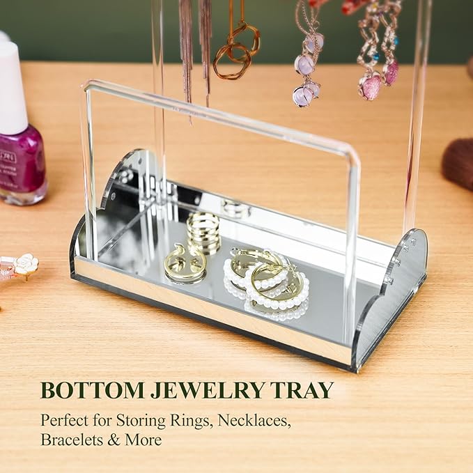 NiHome Acrylic Earring Holder with Unique Double-Tiered Design, Cute Miniature Clothing Hangers with Spacious Storage for 48 Pairs, Display for Home Vanity & Retail Showrooms (Silver, With Tray)