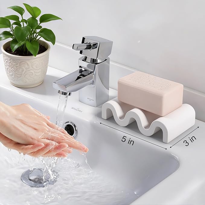 Diatomite Soap Dish Quick Drying Bar Soap Holder Draining Soap Saver Rack Wave Pattern Sponge Tray for Bathroom Sink, Shower, Kitchen, White