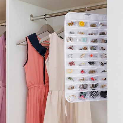 Bloss Hanging Jewelry Organizer, Double Sided 80 Pockets Jewelry Chain Storage Bag 2 Layer of Fabric Jewelry Organizer Holder for Necklace Bracelet Earring Rings - White