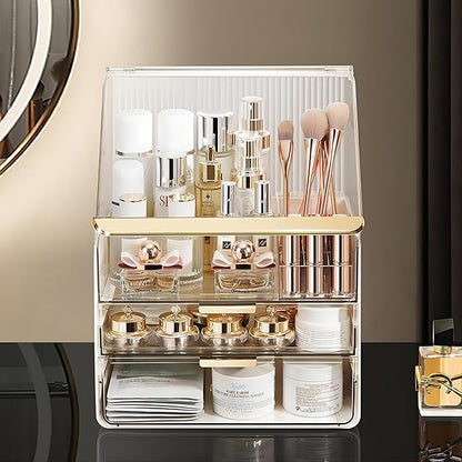 DASITON Dustproof MultiLayer Makeup Brush holder Organizer,Makeup Brush Holder,Makeup Organizers,Large Capacity Desktop Storage Box with Drawer,for Beauty Products...（Clear