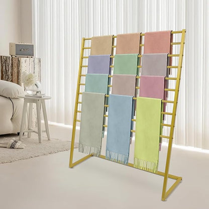 10 Tier Scarf Display Stand, 47.24In Metal Scarf Holder Organizer, Freestanding Scarf Rack for Commercial Clothing Retail Store Towel Rack Ties Belt Pants Hanging Rack (Golden)