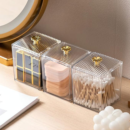 DASITON Acrylic Qtip Holder, Bathroom Jars With Lids Set, Apothecary Jar Dispenser For Cotton Ball, Swab, Round Pads, Floss