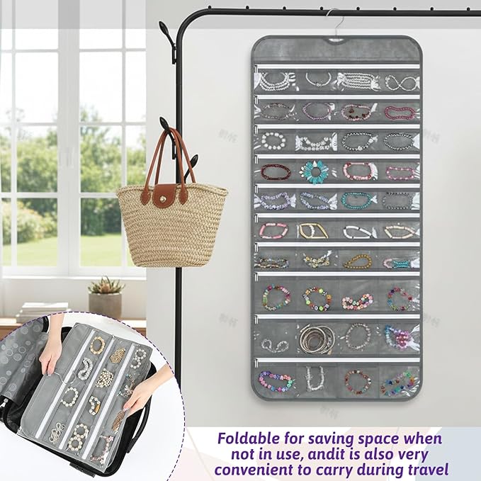 2 Pack Hanging Jewelry Organizer with 80 Zippered Pockets, Dual-Sided Dustproof Foldable for Travel, Accessories Organizer for Holding Jewelries, Earring Organizers and Storage