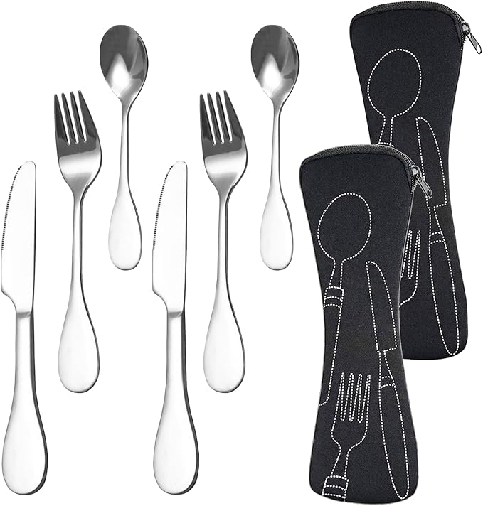 8 PCS Eating Portion Control Flatware Weight Management Silverware Portion Control Serving Spoons Forks Knives Stainless Steel Utensils with Fabric Storage Bag