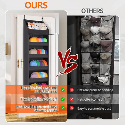 Toread 7-Layer Door-Mounted Baseball Cap Organizer, Dust-Proof Hat Rack Holds 90 Hats, Adjustable Non-Slip Hooks, Multi-Purpose Organizer for Nursery, Bathroom, Bedroom - Patented Design（black）