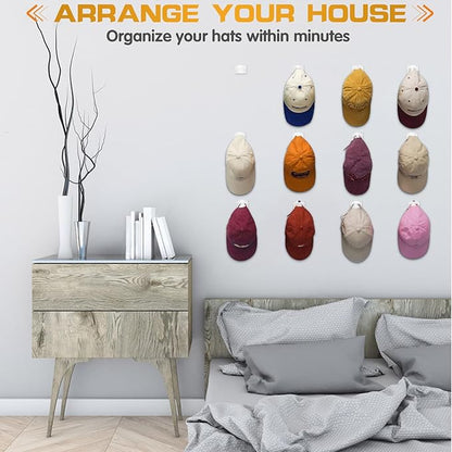 Adhesive Hat Hooks for Wall (16-Pack), Hat Hooks for Baseball Caps, Minimalist Hat Rack Design, No Drilling, Strong Hat Hangers, Hat Holder Organizer for Wall (White)