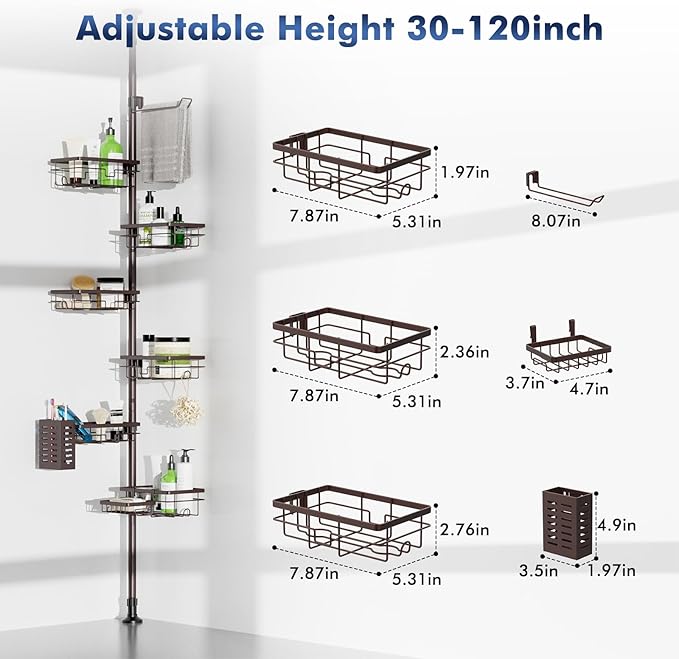 Vatex Corner Shower Caddy Tension Pole,Adjustable 30-120 Inch Bathroom Organizer Storage,Rustproof 6-Tier Shower Corner Shelves,Towel Rack, Toothbrush Holder, Soap Dish Organizers
