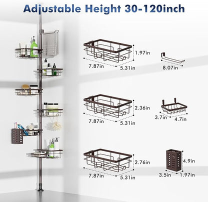 Vatex Corner Shower Caddy Tension Pole,Adjustable 30-120 Inch Bathroom Organizer Storage,Rustproof 6-Tier Shower Corner Shelves,Towel Rack, Toothbrush Holder, Soap Dish Organizers
