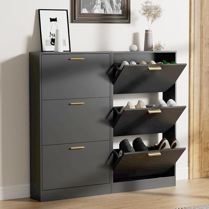 LYNSOM Shoe Cabinet Set of 2, Free Standing Tipping Bucket Shoe Rack Organizer with 3 Flip Drawers, Modern Entryway Shoe Storage with Top Display, Narrow Slim Hidden Shoe Cabinet (Black)