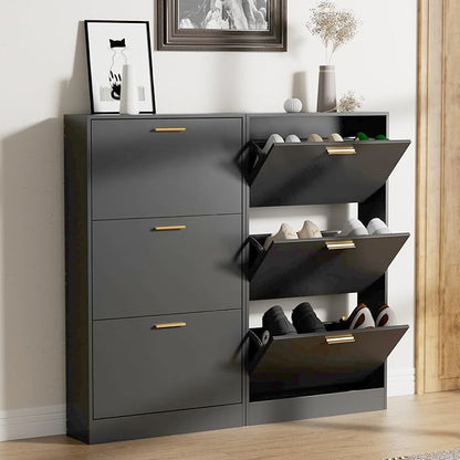 LYNSOM Shoe Cabinet Set of 2, Free Standing Tipping Bucket Shoe Rack Organizer with 3 Flip Drawers, Modern Entryway Shoe Storage with Top Display, Narrow Slim Hidden Shoe Cabinet (Black)
