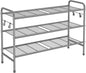 VILICK 3 Tier Shoe Rack 33" Wide Metal Shoe Organizer Long Shoe Storage with 4 Side Hooks Sturdy Shoes Shelf for Front Door Entrance, Closet, Garage, Dorm, Grey