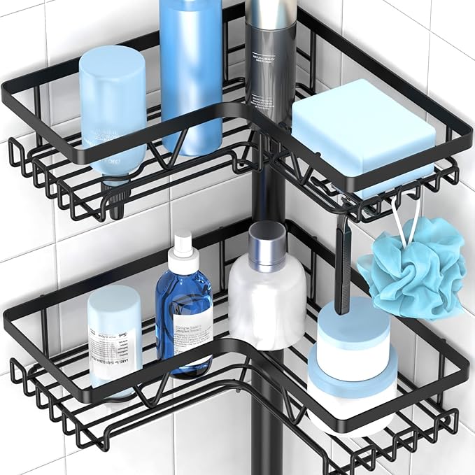 KEGII Floor Shower Caddy Standing – 4-Tier Corner Shower Organizer with Hooks & Soap Holder, Free-Standing Bathroom Storage Rack for Shampoo & Toiletries, Black