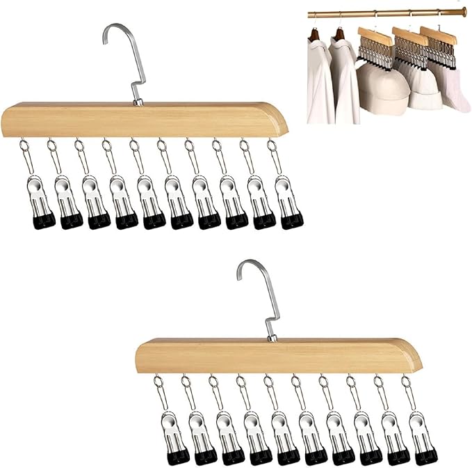 Hat Hangers for Closet,Space Saving Hanging Hats Organizer with 10 Clips,Wooden Legging Hangers 2 Pack,360° Rotating Closet Organizer for Pants, Skirts and Socks Storage (Set of 2,Natural)