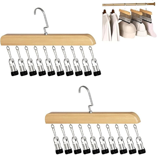 Hat Hangers for Closet,Space Saving Hanging Hats Organizer with 10 Clips,Wooden Legging Hangers 2 Pack,360° Rotating Closet Organizer for Pants, Skirts and Socks Storage (Set of 2,Natural)