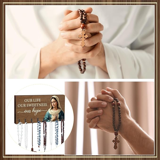 Chunful 2 Pack Rosary Holder Wall Mounted with 16 Hooks Wooden Rosary Hanger Religious Jewelry Hanger Organizer Decorative Jewelry Shelf Catholic Wall Decor for Necklace Bracelet Godparent Gift