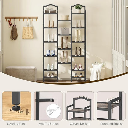 YATINEY 10-Tier Tall Shoe Rack, Vertical Shoe Organizer for Small Spaces, Wooden Shoe Shelf for Entryway, Space Saving Shoe Storage, Holds 10 Pairs of Shoes, Charcoal Gray and Black SS50BC