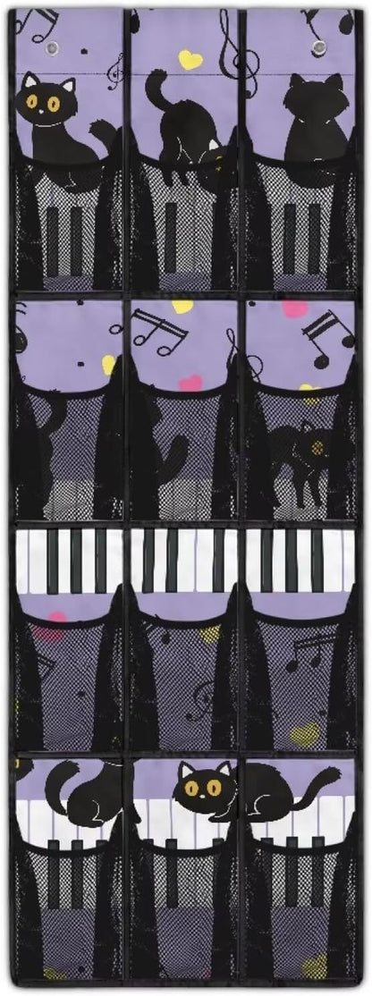 Cat Piano Over The Door Hanging Shoe Organizer,Door Back Organizer,Pantry Organizers and Storage,Stable Spice Rack with 12 Mesh Pockets for Kitchen,Bathroom,Small Item Storage Bag
