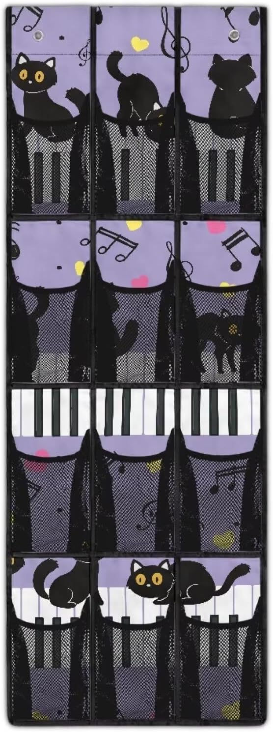 Cat Piano Hanging Shoe Organizer,Shoe Organizer Door Hanger with 12 Mesh Large Pockets,Behind Door Shoes Hang Holder Rack