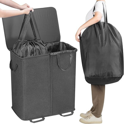 Lifewit Double Laundry Hamper with Lid and Removable Laundry Bags, Large Collapsible 2 Dividers Dirty Clothes Basket with Handles for Bedroom Laundry Room Closet Bathroom College, 136L Black