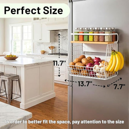 Ofiray-home Magnetic Fridge Shelf with Wood Lid, Fruit Potato Onion Storage Bins, Pantry Organizers, Large Container Spice Rack for Refrigerator, Kitchen Counter, Cabinet (1, White)