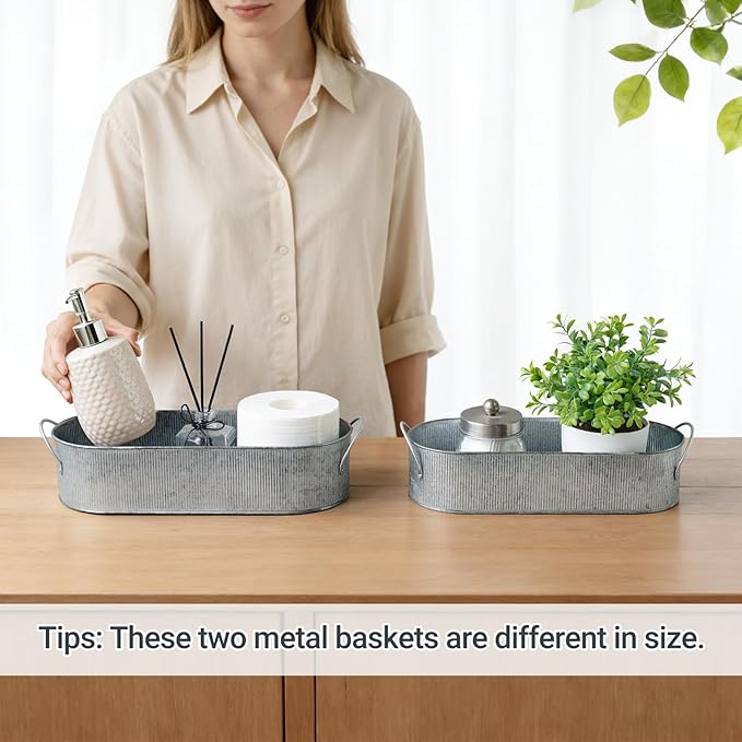 Mkono Metal Storage Basket for Toilet Tank Top Bathroom Decor, Galvanized Tray with Handle for Shelves, Farmhouse Toilet Paper Holder Organizing Bin Box for Countertop Living Room, Set of 2, Silver