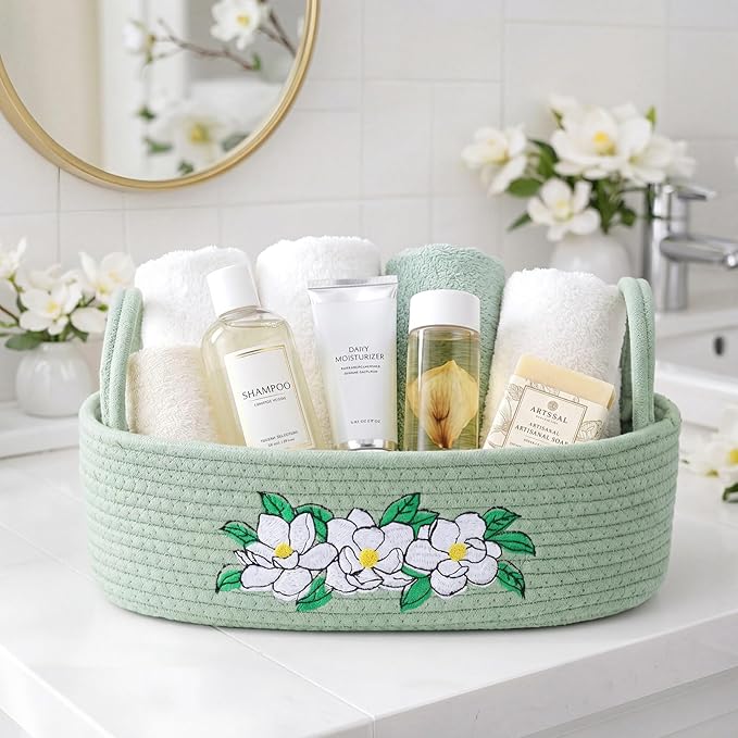 Vesici Magnolia Woven Storage Basket for Toilet Tank Top Boho Cotton Rope Bathroom Countertop Organizer Basket with Handle Green Bathroom Decor for Bedroom Nursery Toys Organizing, 13 x 6 x 4 Inch