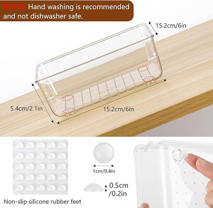 6 Pcs Large Clear Plastic Drawer Organizers Tray 6" x 6" Storage Bins with 25 Pcs Non-Slip Pads for Makeup, Jewelries, Kitchen Utensils, Bathroom and Office