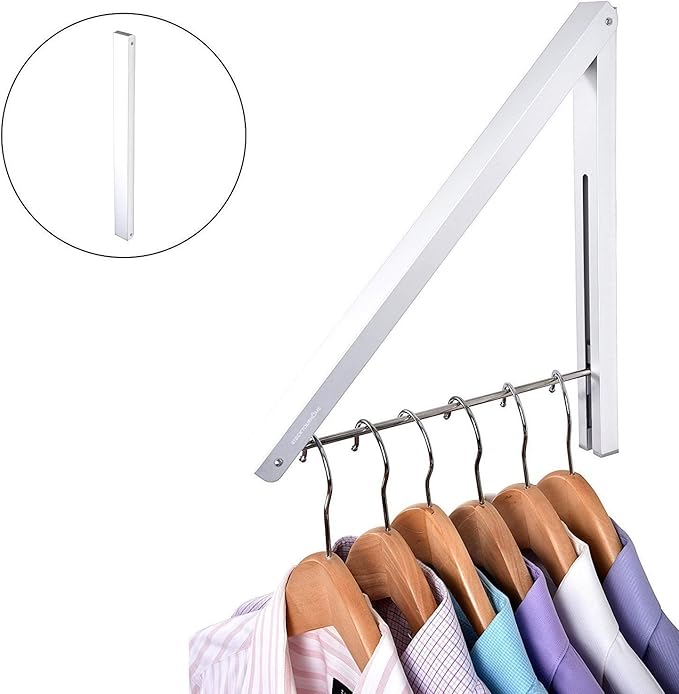 Single Foldable Clothing Rack, Wall-Mounted Retractable Clothes Hanger for Laundry Dryer Room, Hanging Drying Rod, Small Collapsible Folding Garment Racks, Dorm Accessories (White)
