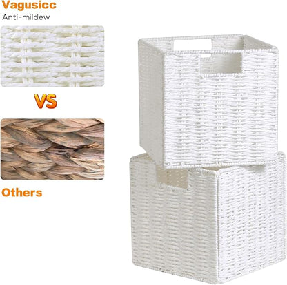 Vagusicc Wicker Storage Basket, Set of 2 Hand-Woven Storage Baskets for Organizing, Foldable Cube Storage Bins, 11 Inch Wicker Storage Baskets for Shelves and Decor, Square Closet Organizer, White