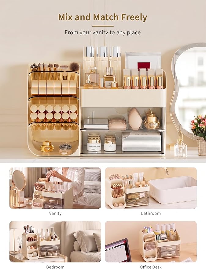 Booklov Makeup Organizer for Vanity, Countertop Cosmetic Display Case with Clear Acrylic Drawers, Bathroom Counter Beauty Caddy, Cute Table Storage Holder for Skincare, Brush Lipsticks, Crystal Creem