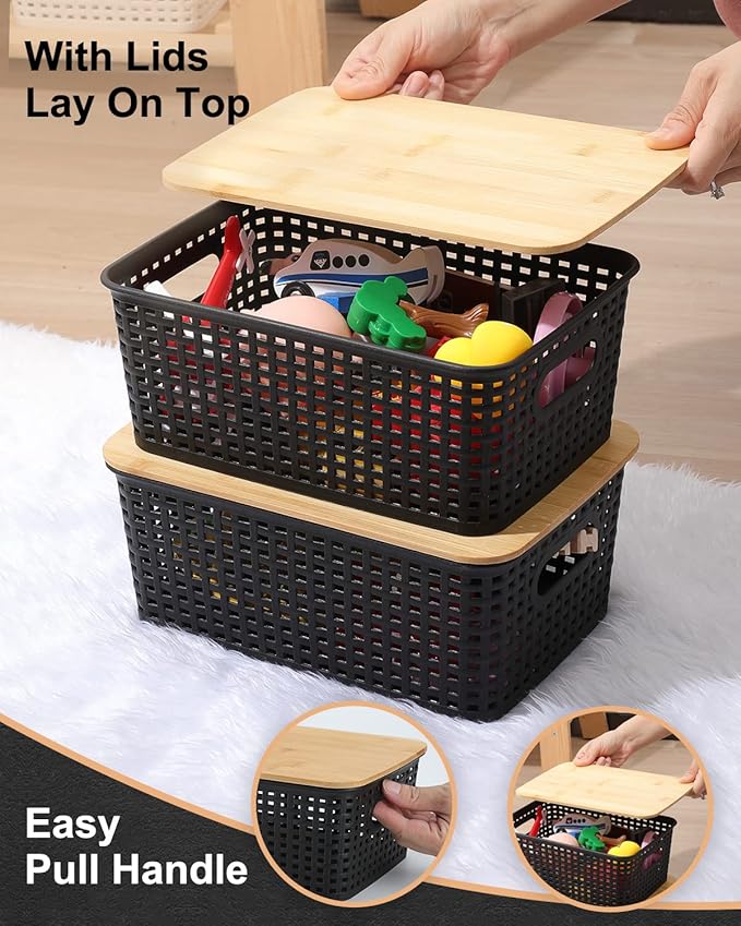 EOENVIVS Storage Bins with Bamboo Lids, 6 Pack Plastic Storage Baskets and Storage Containers, Storage Baskets for Organizing Shelves Drawers Desktop Closet Playroom Classroom Office Home, Black