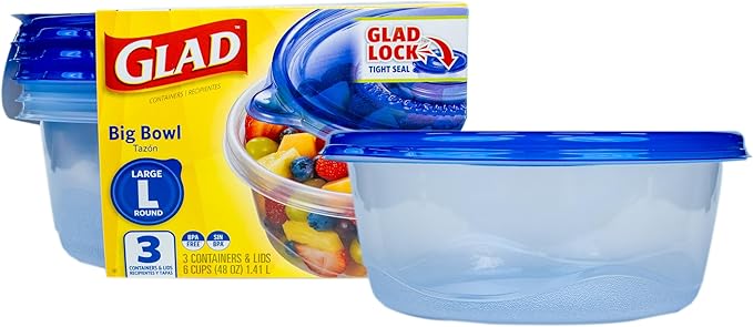 Glad GladWare Big Bowl Food Storage Containers with Lids, Large Round BPA Free Plastic Containers for Soups, Salads, and Meal Prep, Lock Tight Seal, Microwave Dishwasher Safe, 48 Oz, 3 Count