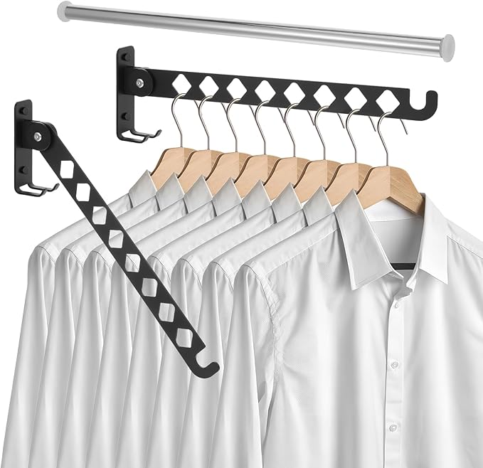 Kifmurase 2Pcs Wall Mount Coat Hanger, Black Clothes Drying Organizer Rack, Retractable Folding Indoor Wall Mounted Holder, Closet Storage Organizer for Laundry Room Bedroom with 40cm Rod