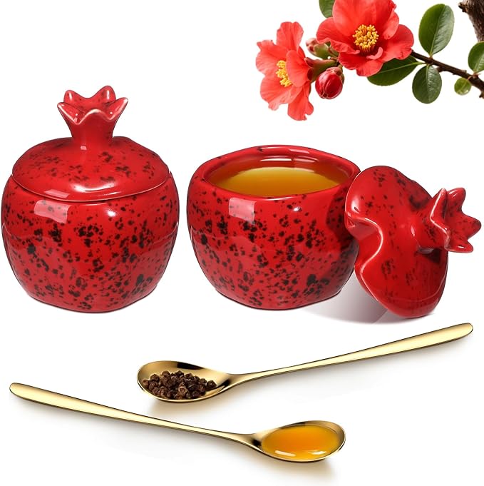 Honeydak 2 Pcs Rosh Hashanah Pomegranate Salt Bowl Set with Lid and Spoon Jewish New Year Pomegranate Salt Pepper Seasoning Jar 3.9 Inch for Jewish Kitchen Party Table Wedding Collectable Gift