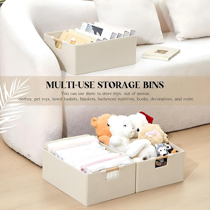 Cinnvoice 3 Pack Fabric Storage Bins for Closet Shelves, Rectangle Wardrobe Organizer with Handle, Collapsible Shelves Storage Basket for Sorting Clothes and Toy (Beige,15 x 10.6 x 6 Inch)