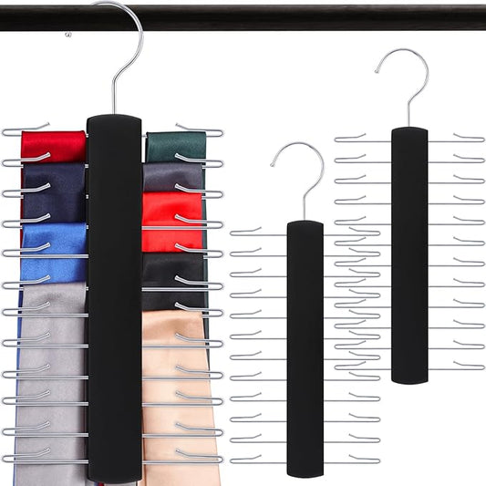 Sawysine 2 Pack Wooden Tie Rack Tie Hangers for Men 24 Hooks Tie and Belt Hangers 360 Degree Swivel Tie Organizer Closet Ties Belts Scarf Accessories (Black)