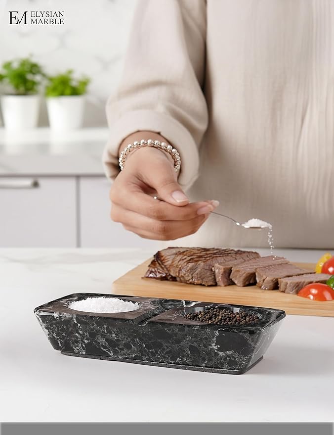 Marble Salt and Pepper Dish with Spoon, Handcrafted Double Spice Tray with 2 Compartments, Natural Stone Condiment Dish for Cooking Prep and Serving - Black
