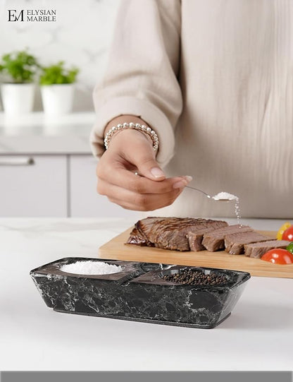 Marble Salt and Pepper Dish with Spoon, Handcrafted Double Spice Tray with 2 Compartments, Natural Stone Condiment Dish for Cooking Prep and Serving - Black